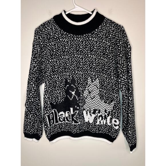 1980s Nuggets Black White Scottish Terrier Scottie Dogs Mock Neck Sweater L - Picture 1 of 7